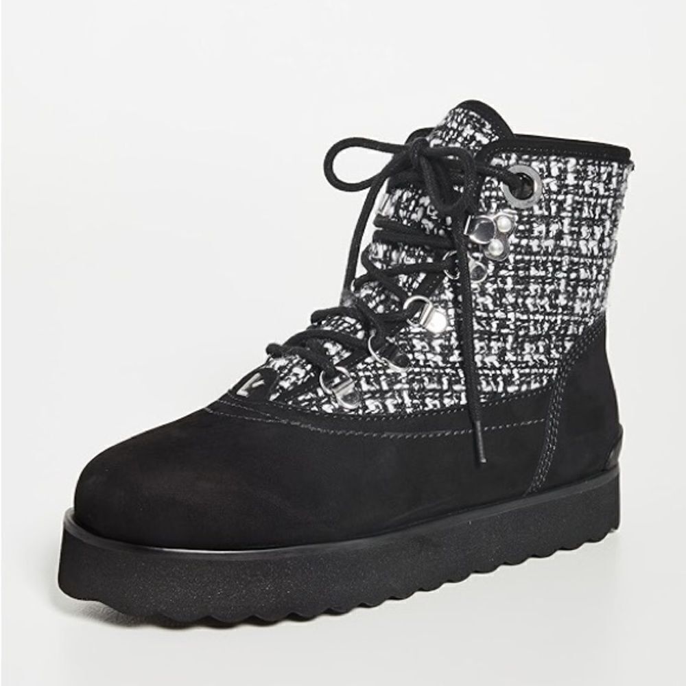 NWOB Larroude Vail Waterproof Suede Tweed Lace Up Boots in Black/Grey $415 Sz 10